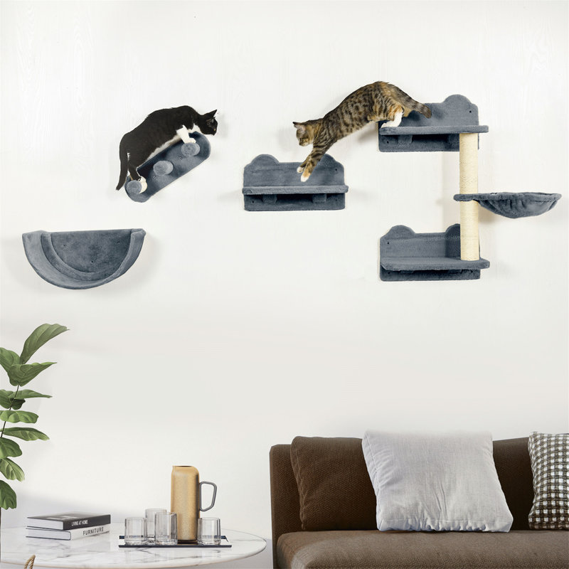 Ensemble de 4 tablettes murales pour chat PawHut avec hamac, perchoirs et grattoir pour dormir, jouer et grimper