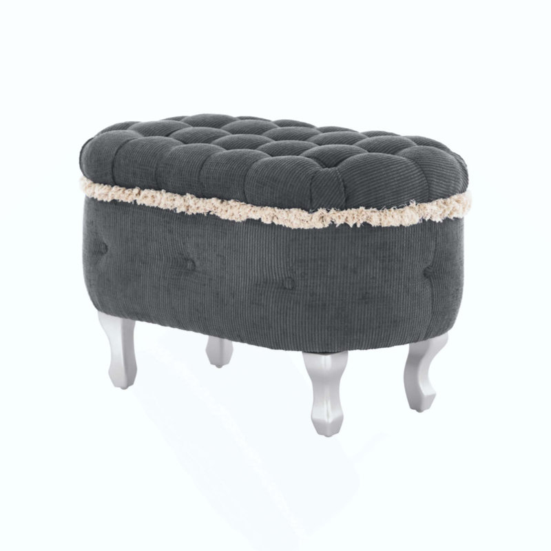 Banc de rangement capitonné avec bordure à pampilles et pieds en métal, Gris