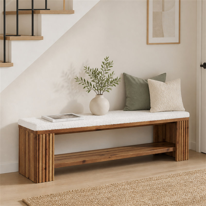 Banc de 63 po en bois massif, banc de bout rembourré moderne, Brun rétro, Brun rétro