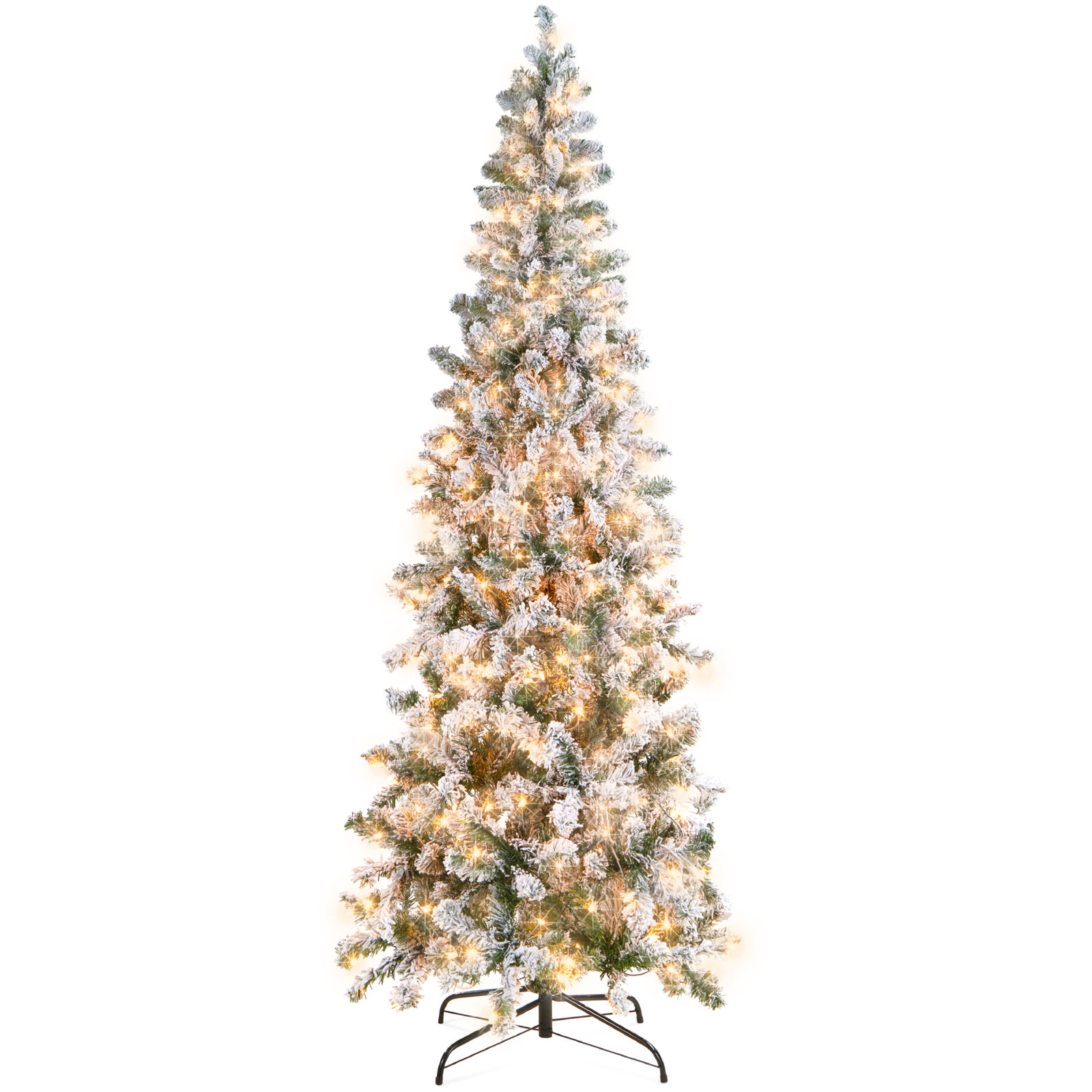 Pre-Lit Artificial Snow Flocked Pencil Christmas Tree Holiday Decoration w/ Clear Lights, 12' H