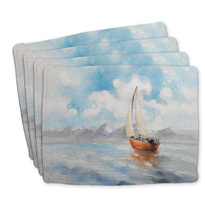 Ensemble de 4 napperons en polyester tressé - décor de paysage de voilier
