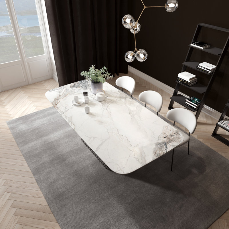 Table de salle à manger rectangulaire Cherline avec plateau en marbre et piédestal géométrique texturé Cherline