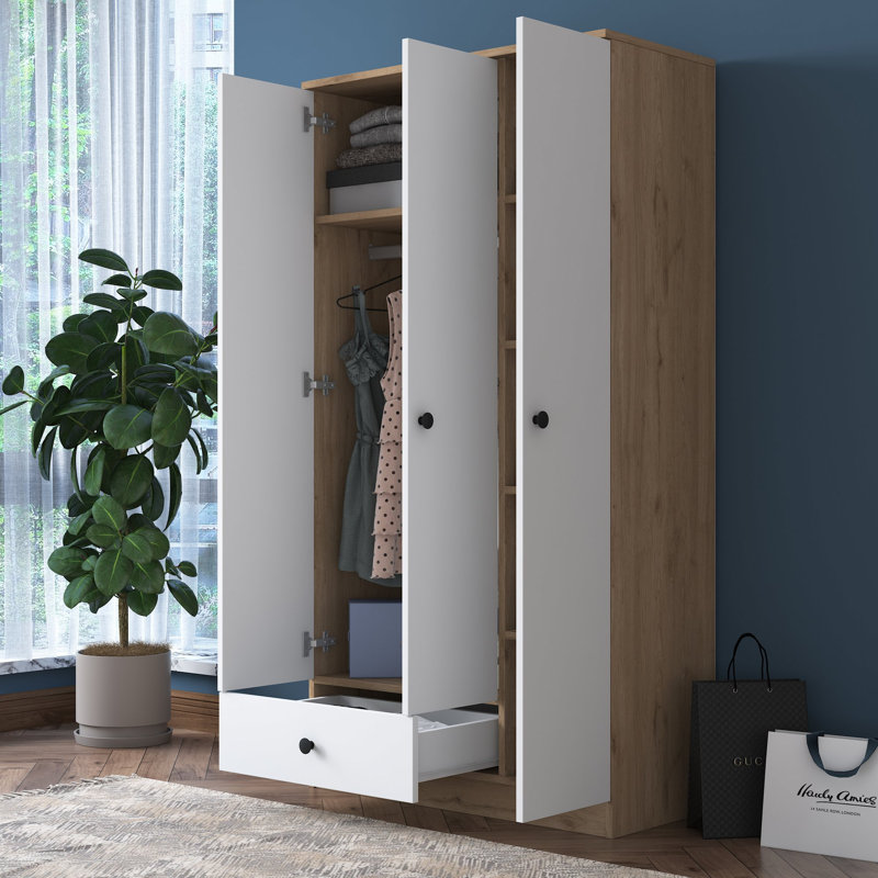 Armoire moderne avec tablettes, panneau de particules enduit 100% mélamine, noyer et blanc, 35,4 x 66,9 x 16,5 pouces | Fixation murale, plusieurs options de rangement, conception élégante pour une gestion efficace de l'espace