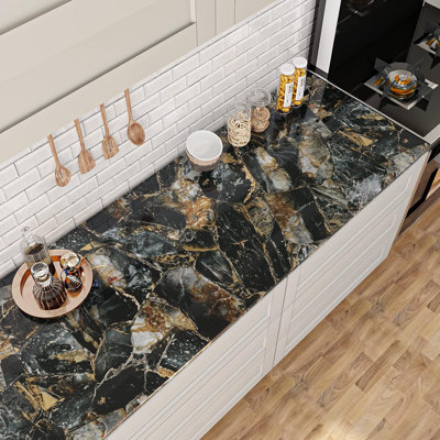 Varypaper 15.7" Black Gold Marble Self-Adhesive Wallpaper - Peel And Stick, Waterproof, Removable Marble Contact Paper For Countertops, Cabinets, Shelves