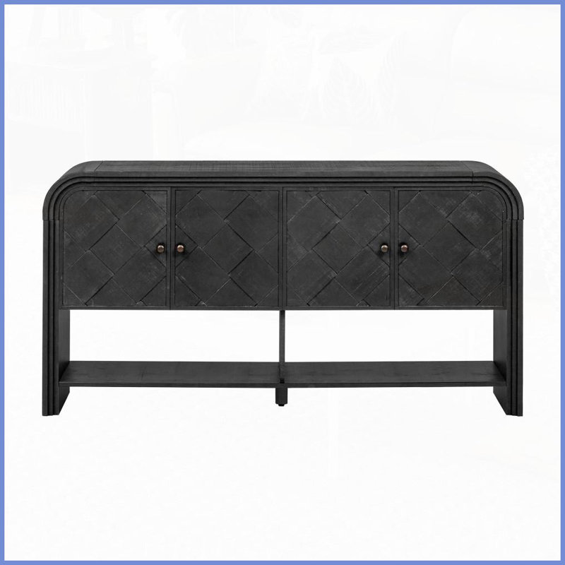 Table basse moderne en U avec lattes tissées et amp; Placage en bois massif, rangement peu encombrant pour le salon, Navy