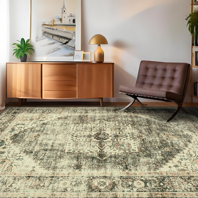 Oriental Machine Washable Area Rug with Rubber Backing for Living Room Non-Slip Indoor Carpet Low-Pile Rug for Bedroom Dining Room Hallway Kitchen Office Playroom Nursery