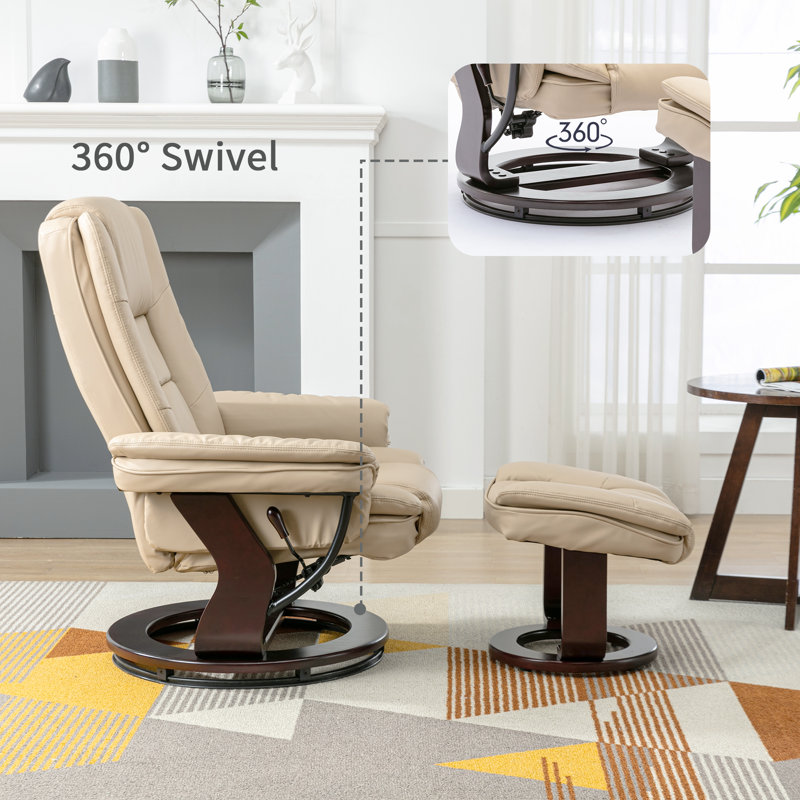 32" Contemporary Leather Recliner and Ottoman with Swiveling Mahogany Wood Base