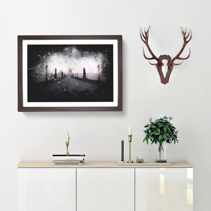 Charles Bridge in Prague - Picture Frame Graphic Art Print, 45cm H x 63cm W x 2cm D, Walnut Framed