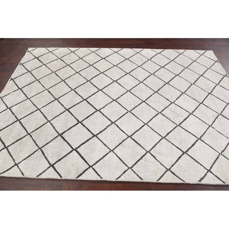 Tapis décoratif en laine de conception unique 5 pi x 7 pi noué à la main New Age Ivoire