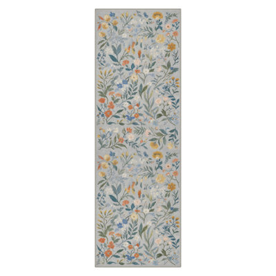 Eden Floral Blue Machine Washable Indoor Runner Rug With Non-Slip Backing