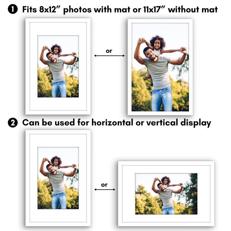 Cadre photo Americanflat - ensemble de 2 - cadre avec passe-partout - plexiglas poli, Blanc, 11 po x 17 po, 8 po x 12 po