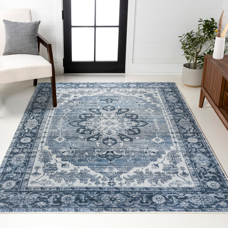 Tapis bleu / crème Sarok Ornate Medallion, Rectangle 2 pi 11 po x 5 pi
