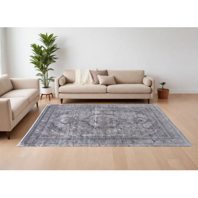 12' X 15' Grey and Silver Oriental Power Loom Worn Faded Area Rug