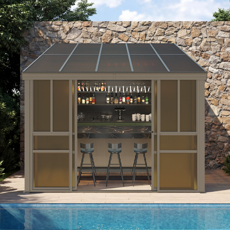 10 ft. W x 10 ft. D Outdoor Wall Mounted Sunroom Gazebo – All-Season Aluminum Solarium with Ventilated PC Double Roof, Sliding Doors, and Adjustable Screen Windows for Patio, Deck & Hot Tub, Brown