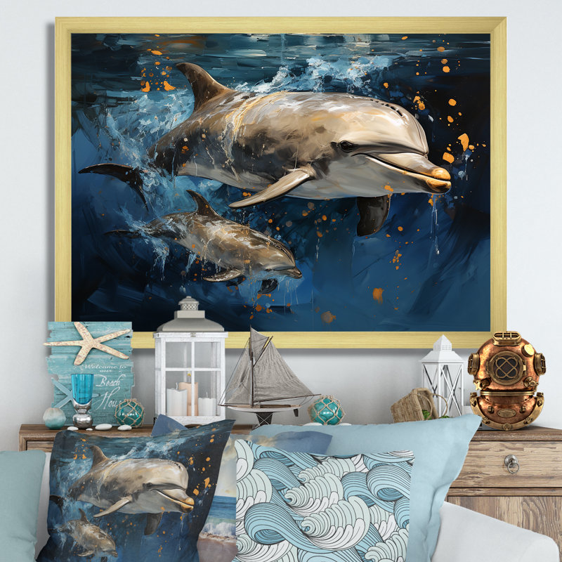 Dauphins dansants - animaux, art des dauphins, Cadre doré à coins fermés, H 34 po x l 44 po x P 1,5 po