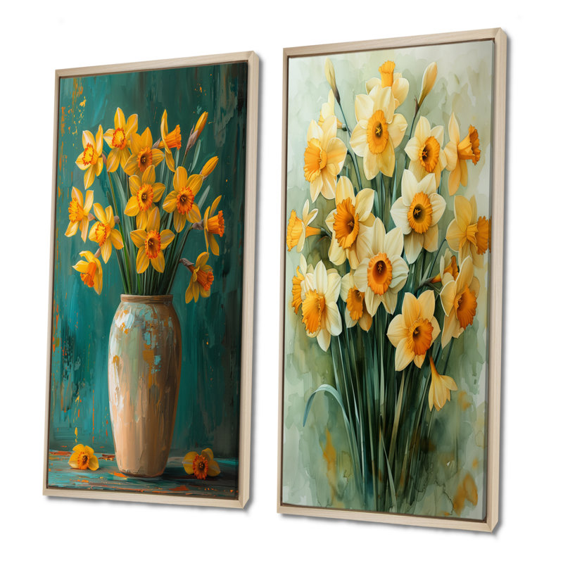 Bloom, orange, nature morte, jonquilles III, ensemble de 2 jonquilles murales, H 40 po x l 40 po, Cadre flottant en érable
