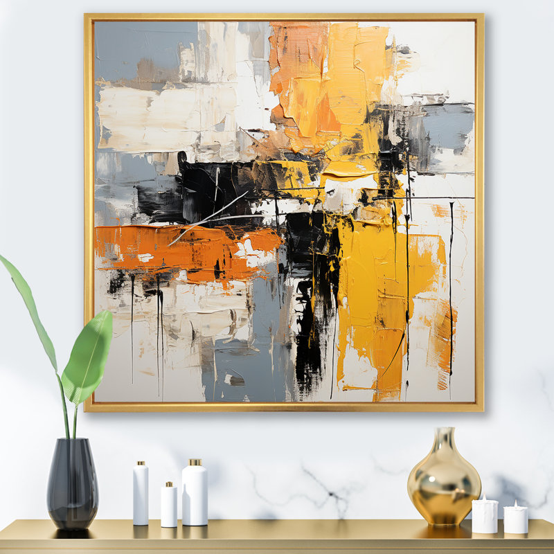 Art abstrait sur toile, collage abstrait jaune et noir II, Cadre flottant doré, H 30 po x l 30 po x P 1,5 po