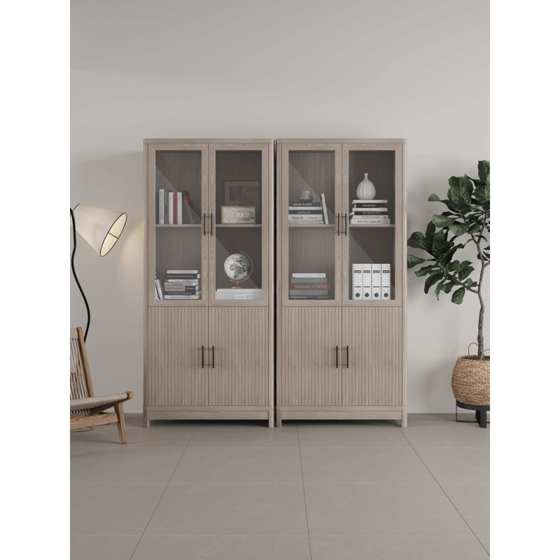 Cabbar Bookcase with Adjustable Shelves and Tempered Glass Doors in (Set of 2), White Washed Oak
