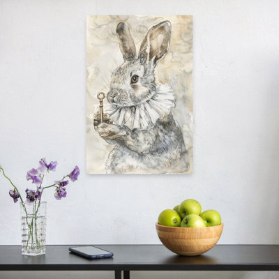Curious Rabbit Holding Key Elegant Vintage Whimsical Rabbit Forest Wall Art Print by Mathieu - Wrapped Canvas Print