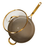 Bloomhouse  6 QT Heavy Duty Aluminum Premium PFA Free Ceramic Nonstick Saute/Deep Frying Pan Skillet with Lid - Linen White with Gold Handle