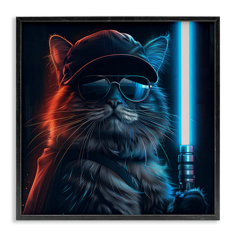Sci-Fi Cat with Glowing Sabre Framed Giclee Art by Jim Baldwin, 12" H x 12" W, Black