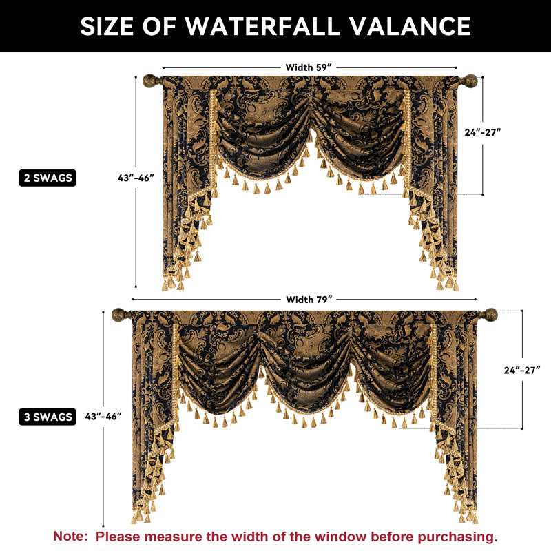 Classic Swag Valance with Tassels, Black Damask Waterfall Valance,  Window Treatment 1 Panel, 59" W x 45" L