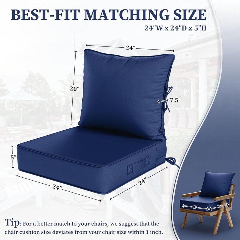 Outdoor Deep Seating Cushion Set Indoor And Outdoor Seat / Back Cushion, Blue, 24" W x 24" D