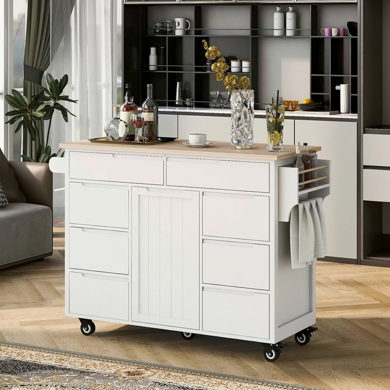 Store Kitchen Cart With Rubber Wood Countertop , Kitchen Island Has 8 Handle-Free Drawers Including A Flatware Organizer And 5 Wheels For Kitchen Dinning Room