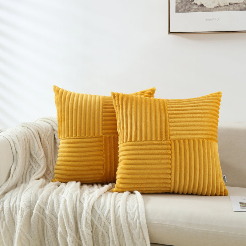 Housse de coussin carré en velours côtelé, H 18 po x l 18 po, Jaune