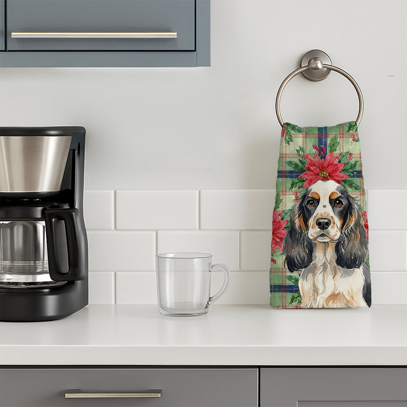 Parti Cocker Spaniel Christmas PoinsettIas Kitchen Towel, White/Black Parti Cocker Spaniel