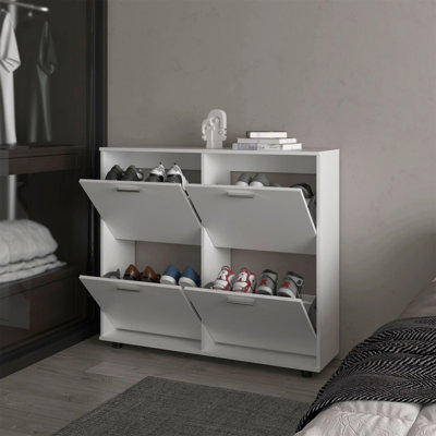 White Tilt-Out Shoe Storage Cabinet With Multiple Compartments And Modern Desig