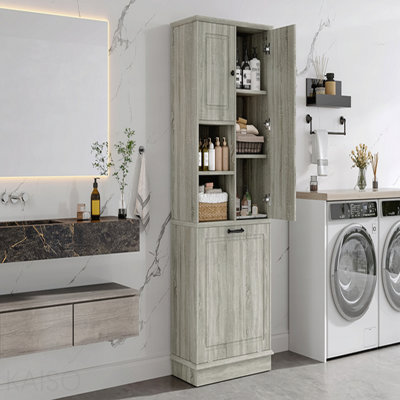 Tall Storage Cabinet With Adjustable Shelves, Large Flip-Out Basket And Enclosed Cabinets – Perfect For Bathroom, Living Room, Or Office, Mdf Material With Aluminum Alloy Handles