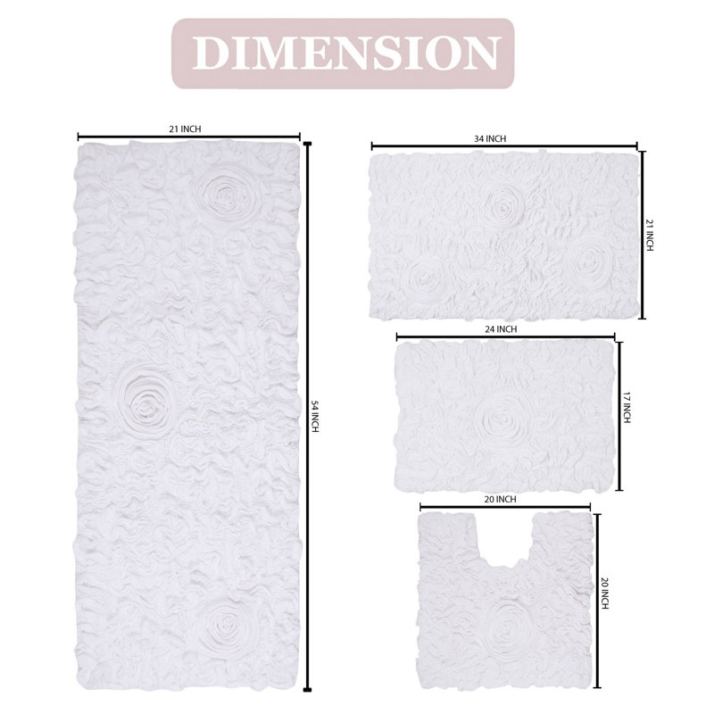 Freida Floral Rectangular 100% Cotton Solid Bath Rugs & Contour Mat (Set of 4), White