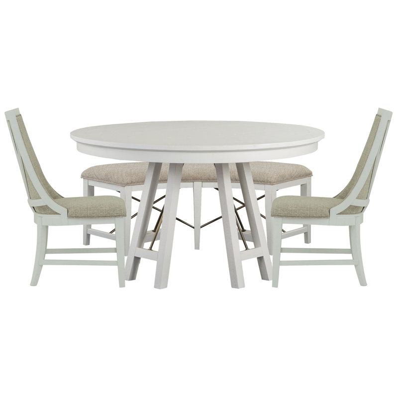 52" Round Dining Table With 2 Host Chairs And Curved Bench, 4 Pieces: Table, 2 Chairs, Bench, White
