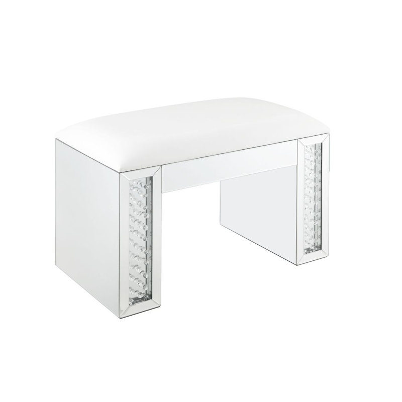 Nysa Ivory Synthetic Leather , Mirrored & Faux Crystals Vanity Stool (Assembled)