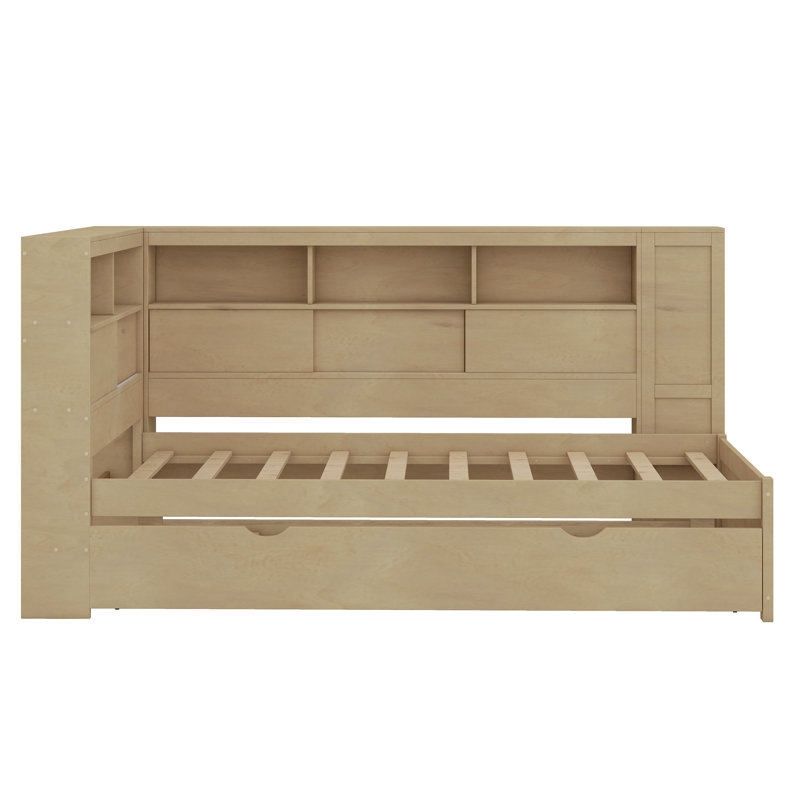 Daybed With Storage Shelves, USB And Trundle, Natural