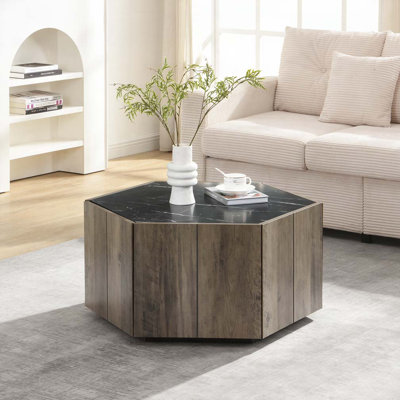 Table basse hexagonale rustique en bois rétro avec 2 tiroirs cachés