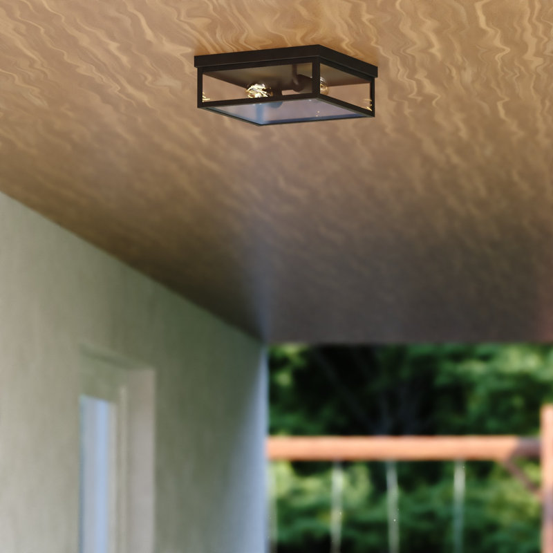 Clinton 12 In. W 2-Light Matte Black Transitional Outdoor Flush Mount Ceiling Light With Clear Glass Shade, LED Compatible, Made Of Durable Steel For Exterior Porch Patio Front Door Or Garage