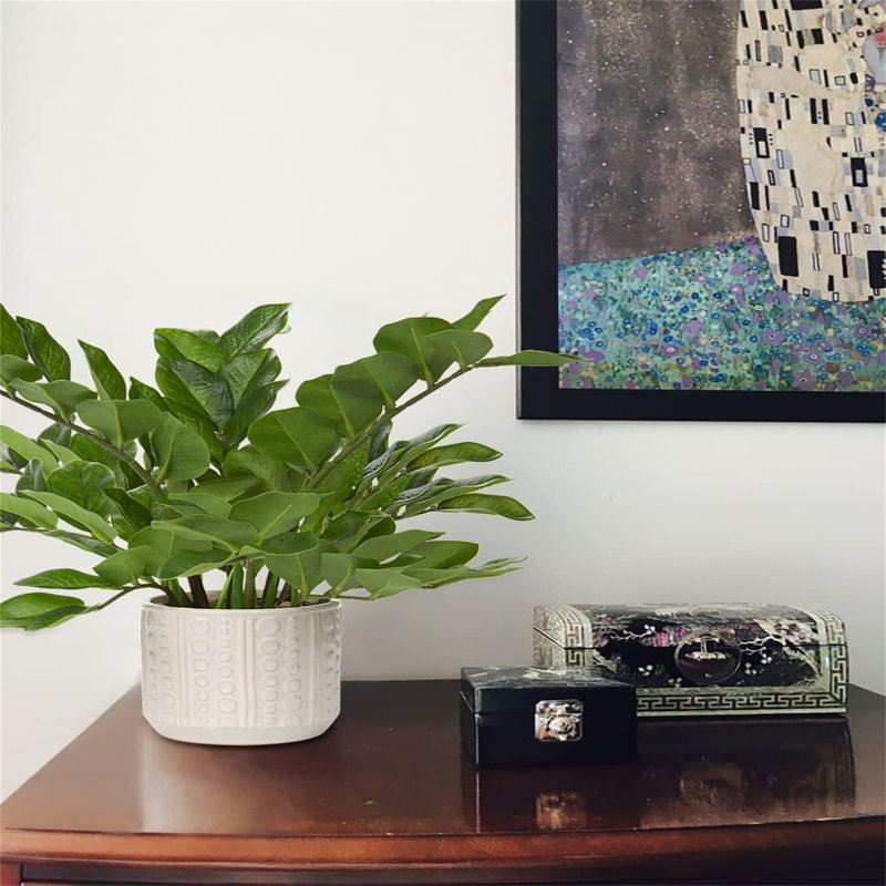 17 Inch Ceramic Pots Loaded Indoor Artificial ZZ Plants, designed for home table decor and bedroom aesthetics, packaged in a single piece to add greenery to your home.