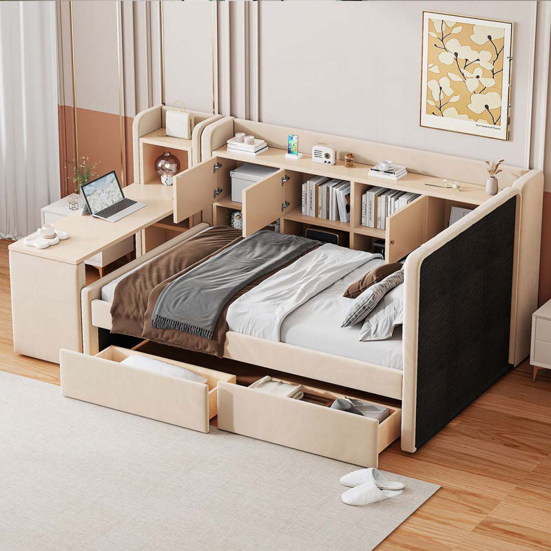 Lit de jour rembourré avec tiroirs, tablettes, armoires rabattables et table d'appoint, Beige