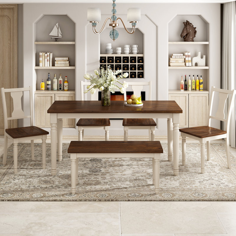 Aliou 6 - Person Four Leg Dining Set, Cream White, Brown, Cream White