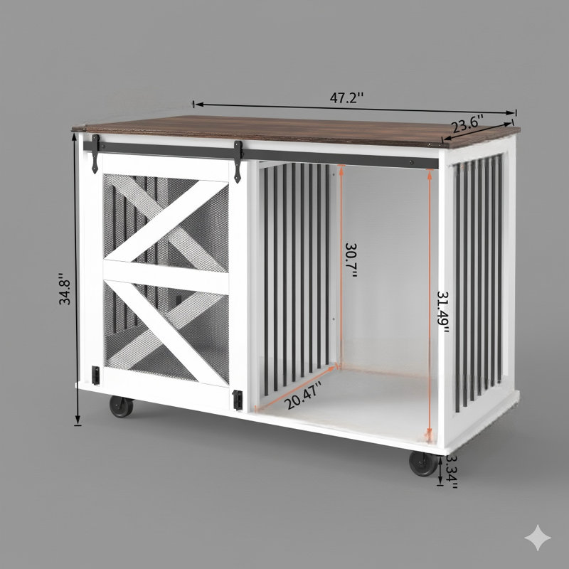 Caisse pour chien sur roulettes polyvalente de 47,2 pouces, avec porte rabattable, deux points d'accès, 5 roulettes (2 verrouillables) et crochets de fixation latéraux