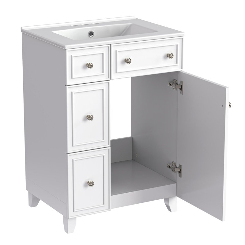 Meuble-lavabo autoportant de 24 po avec lavabo en céramique, Blanc / argenté