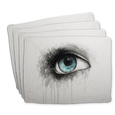 Ensemble de 4 napperons en polyester tressé - décor aquarelle œil bleu