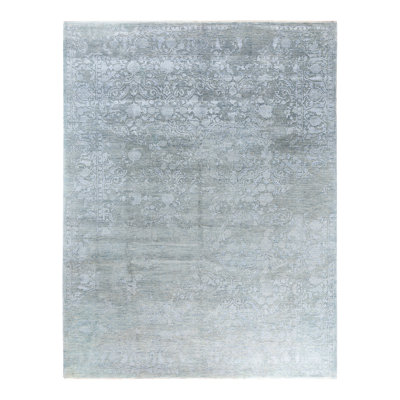 Tapis noué à la main de conception unique Ikat - bleu, 9 pi 3 po x 11 pi 10 po