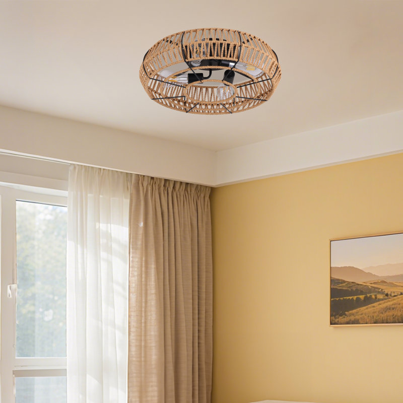 Plafonnier encastré 4 lumières 19 pouces Boho, cadre en métal noir avec abat-jour en corde de papier tissé à la main, sans ampoules incluses