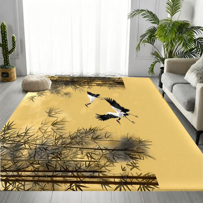 Japanese Golden Yellow Crane Bamboo Print Area Rug, Elegant Oriental Bird Floral Pattern, Soft Durable, Machine Washable Non-Slip Floor Carpet, Stylish Elegant Indoor Home Decor for Living Room, Bedroom, Study, Dining Room, Entryway