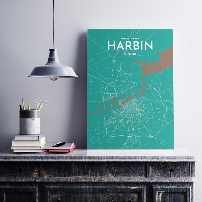 " Harbin China|中國 City Map ", Green/Brown, 27.6" H x 19.7" W