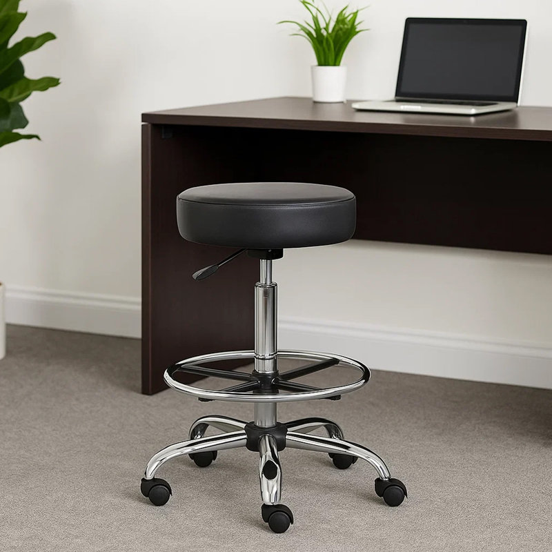 Tabouret à dessin médical Fea, vinyle noir rond, repose-pieds chromé, Noir