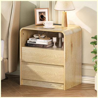 25" Tall Modern Nightstand with Charging Station, Mid-Century Wood Bedside Table with 2 Drawers and USB Ports